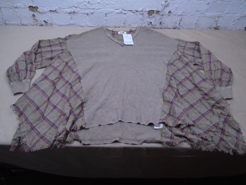 J. HER Pink Mineral Wash Plaid and Raw Hem Top Waffle Knit ~ Size SMALL ~ NEW!